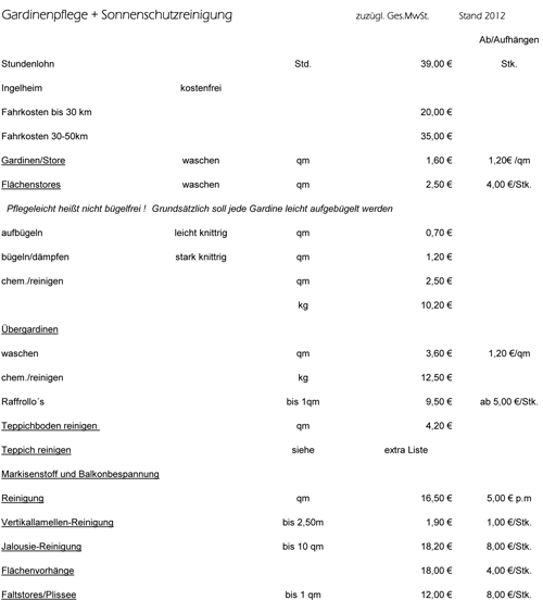 Gardinenpflege und Sonnenschutzreinigung Preisliste 
