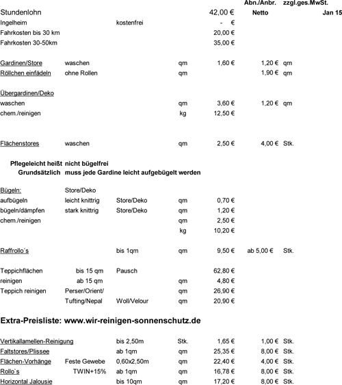 Gardinenpflege und Sonnenschutzreinigung Preisliste 